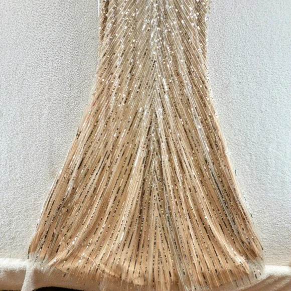 MAC DUGGAL Sleeveless Diagonal Sequined V-Neck Gown Women's 10 Nude Silver - Picture 10 of 15